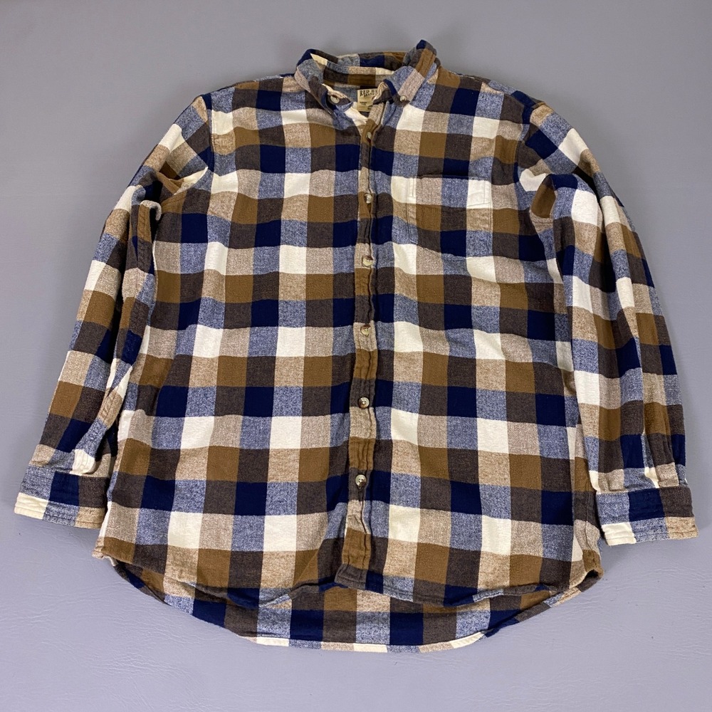 RedHead‎ Flannel Shirt Men's Size XL Brown Navy Blue Plaid Button Down Cotton